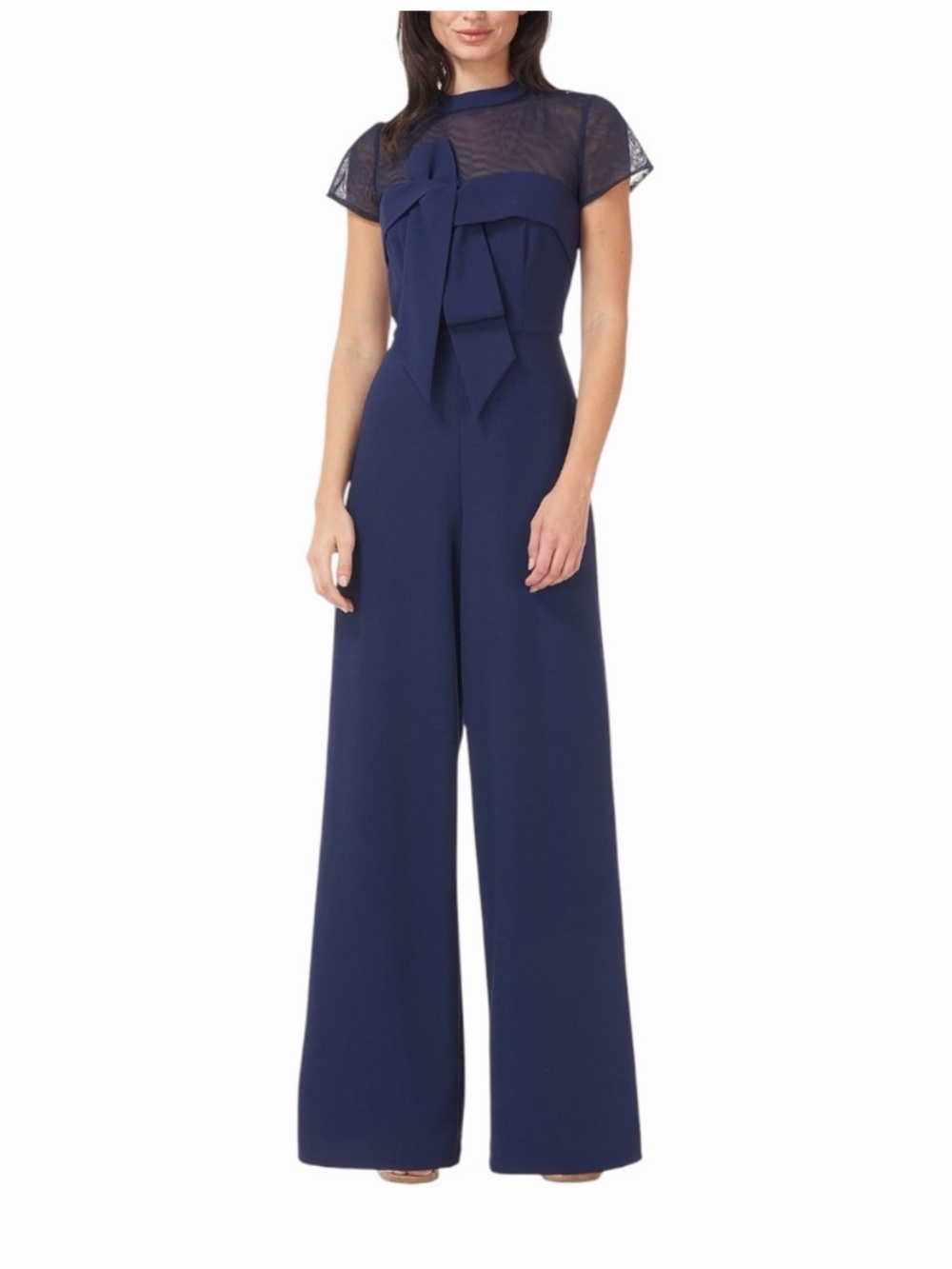 JS Collection Navy Blue Stretch Knit Crepe Oversized Bow‎ Wide Leg Jumpsuit, 12